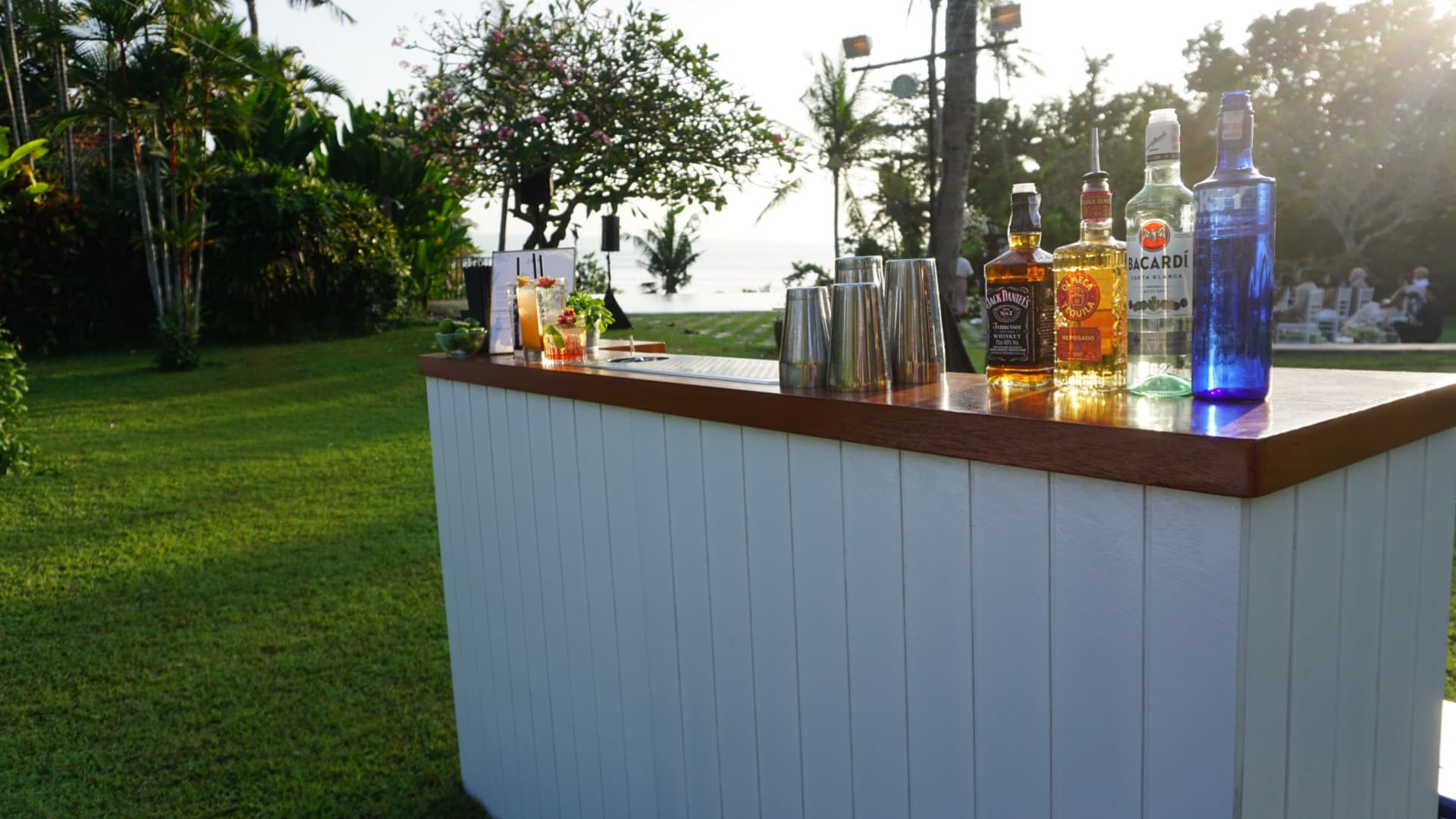 Intimate and relaxing evening by a Bali villa pool at sunset