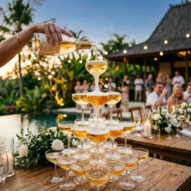 Wedding champagne tower pour at a luxury Bali villa